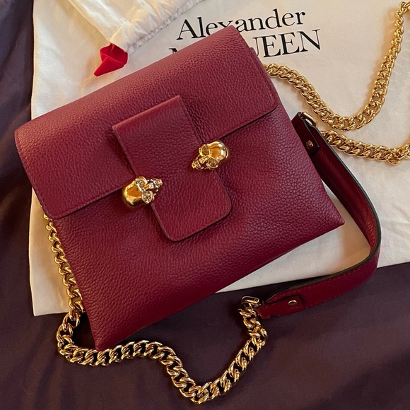 Alexander McQueen Handbags - Alexander McQueen Bag Twin Skull Burgundy Leather Bag w Gold Hardware. New